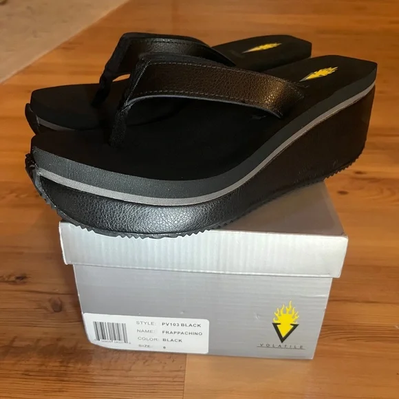 LIKE NEW w/Box Volatile Black Wedge Leather Platform Sandals - Picture 6 of 13